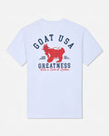 White t-shirt with red and navy graphic design on a white background