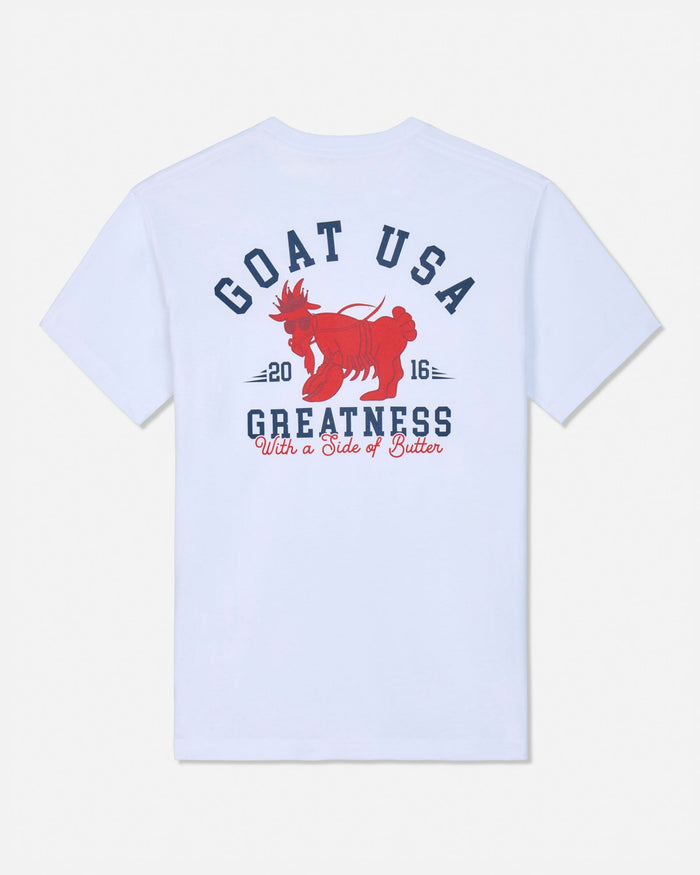 White t-shirt with red and navy graphic design on a white background