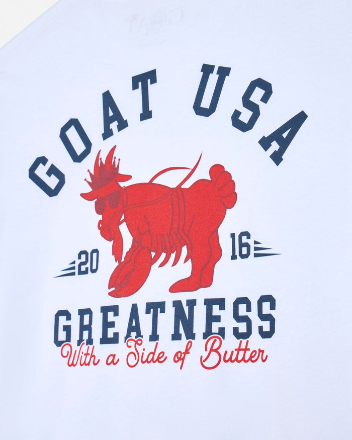 Graphic design with 'GOAT USA 2016 GREATNESS With a Side of BUTTER' text and red goat illustration.