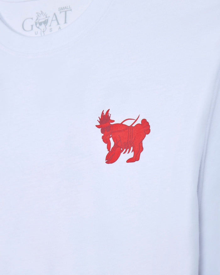 Red lobster goat logo on a white t-shirt