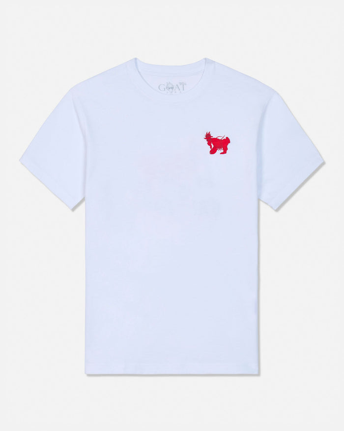 White t-shirt with a red logo on a white background