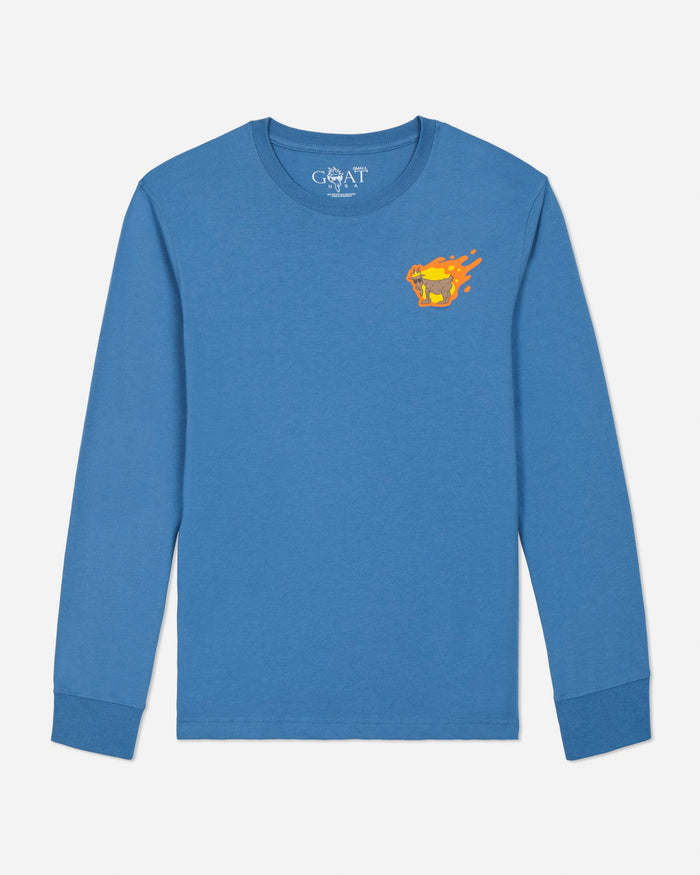 Blue long-sleeve shirt with a small orange logo on a light gray background