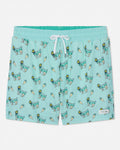 Mint swim shorts with goat and ice cream pattern on a white background