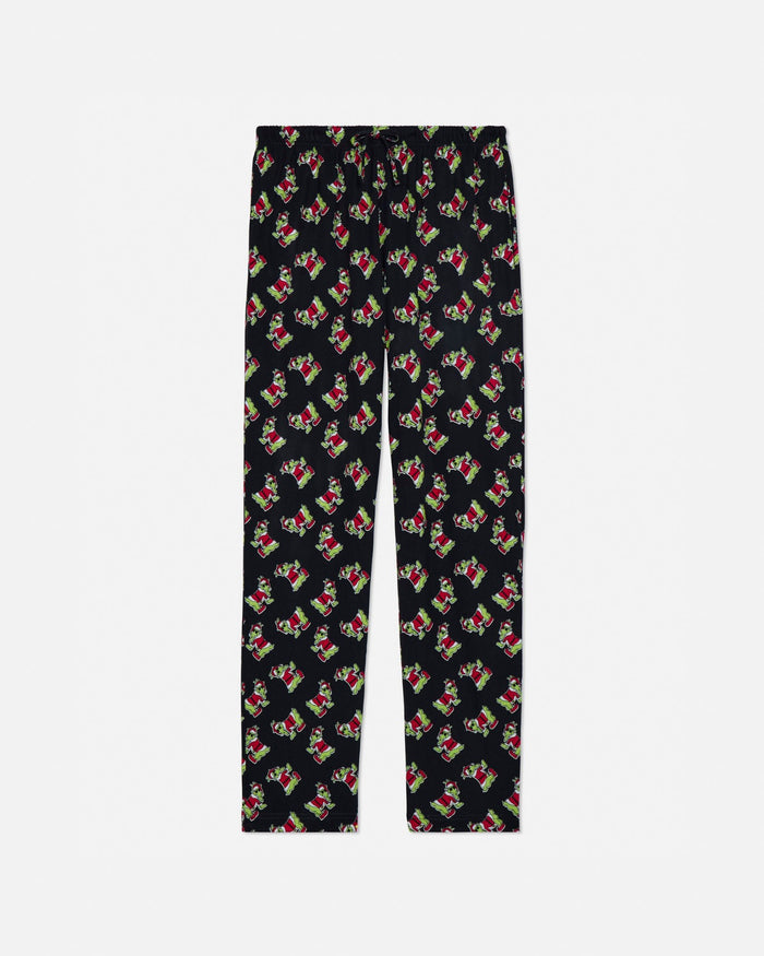 Black pajama pants with colorful pattern on a light gray background