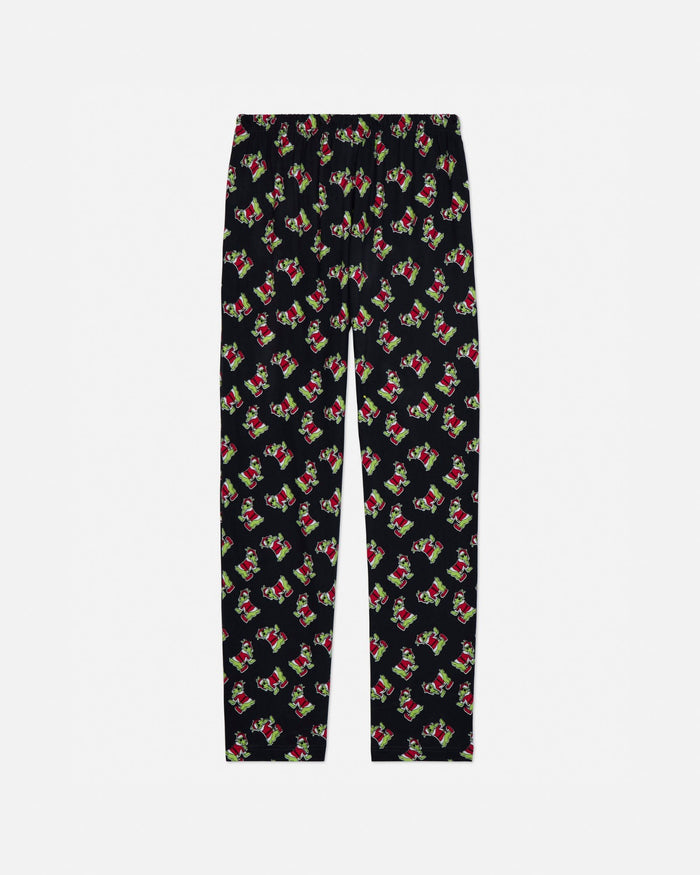 Black pajama pants with colorful pattern on a light gray background