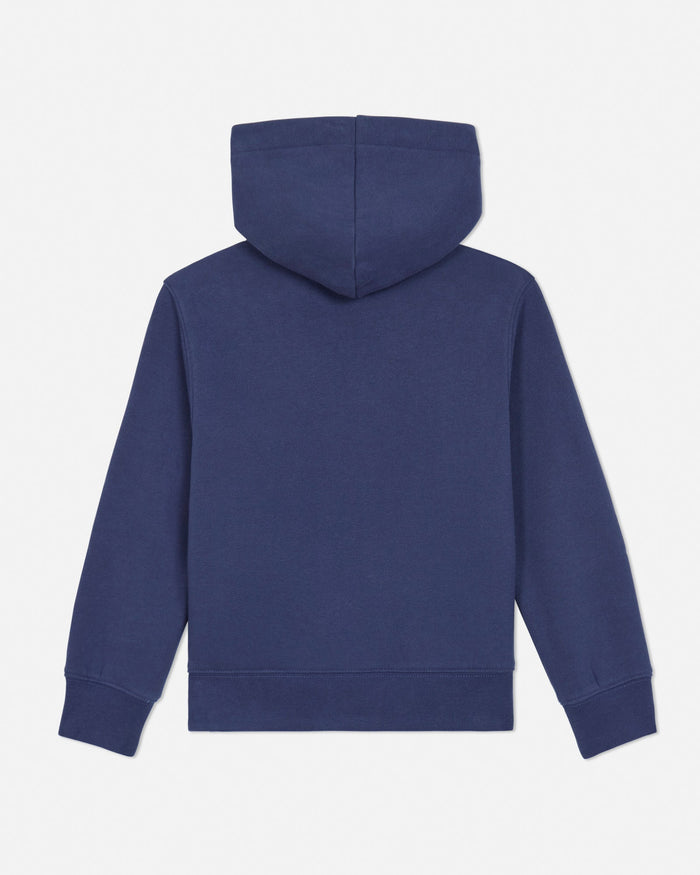 Back of navy blue toddler-sized hoodie with brand logo on a light gray background#color_navy