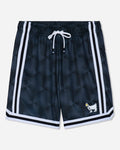 Black athletic shorts with a subtle geometric pattern, featuring white side stripes, a white drawstring, and a small white goat logo with a yellow flower on the lower left leg.#color_black
