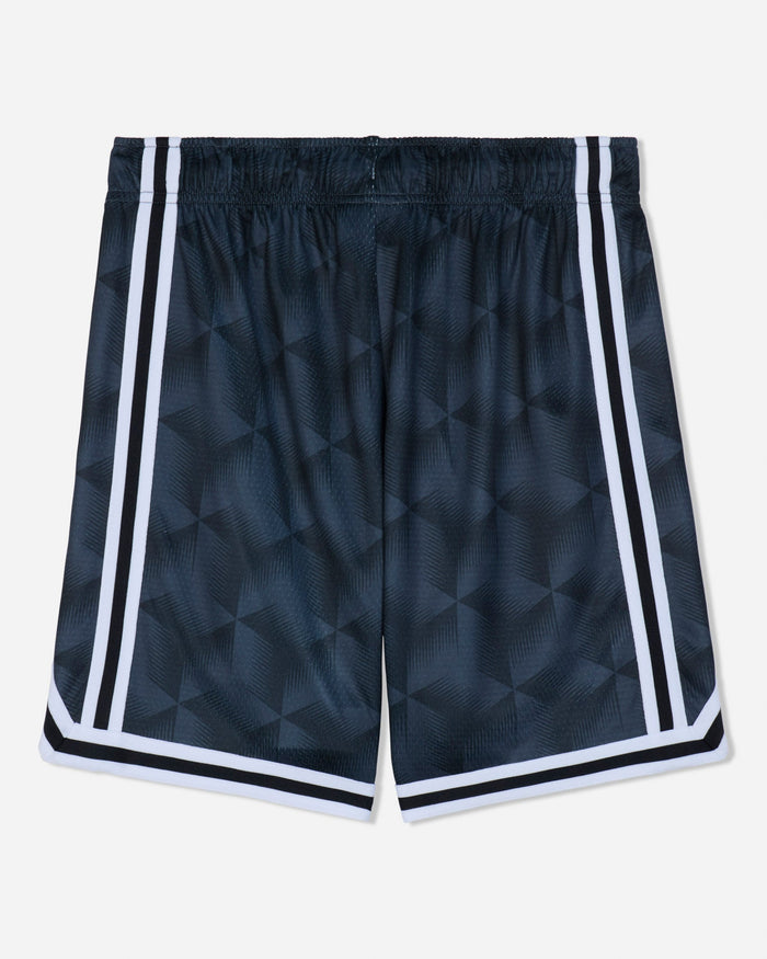 Black athletic shorts with a subtle geometric pattern, featuring white double stripes down the sides and white trim along the hem, shown against a light gray background.#color_black