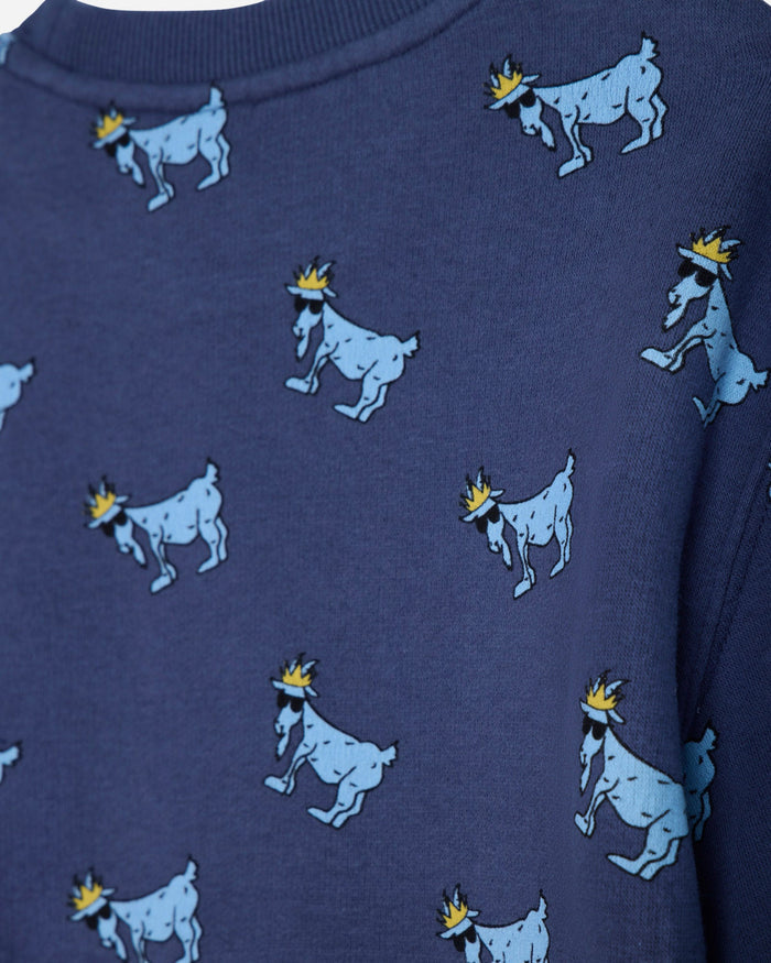 Close-up of navy crewneck with blue goats#color_navy