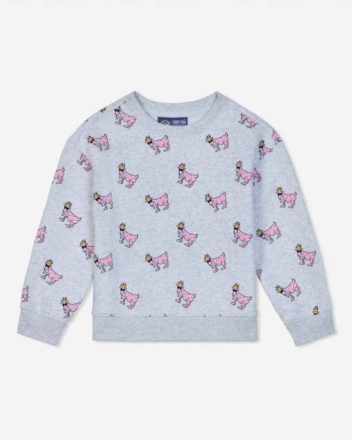 A light gray heather long-sleeve sweatshirt for kids, featuring an all-over print of pink princess dresses with small gold crowns, displayed on a clean off-white background.#color_pale-gray-heather