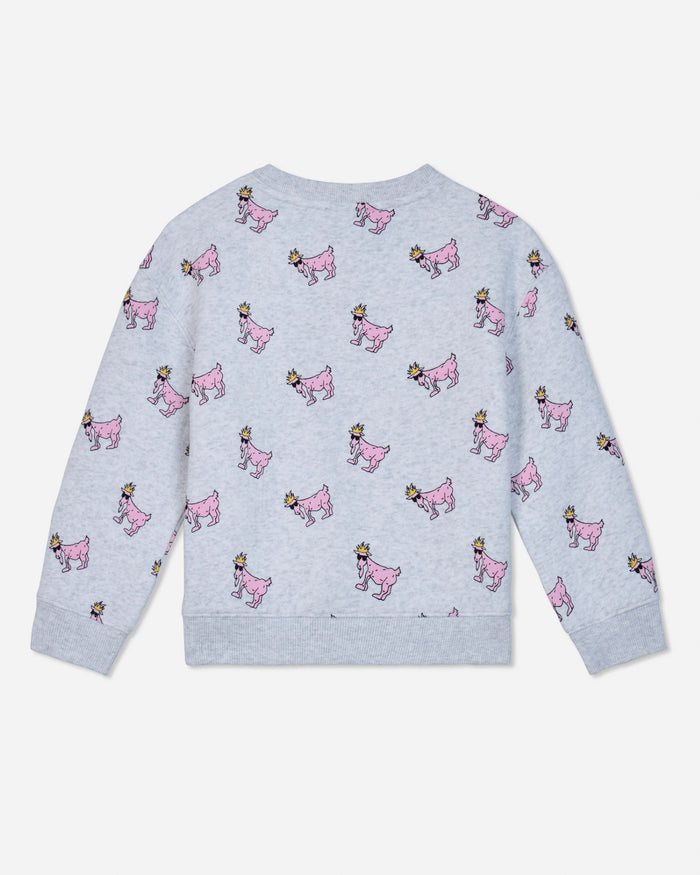 A light gray heather long-sleeve sweatshirt with an all-over print of pink cartoon goats wearing gold crowns, shown flat against a light gray background.#color_pale-gray-heather