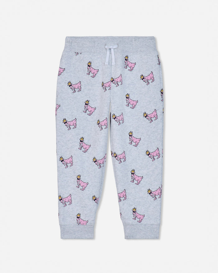Light gray heather jogger pants with an all-over print of pink dogs wearing gold crowns, featuring a white drawstring waistband.#color_pale-gray-heather