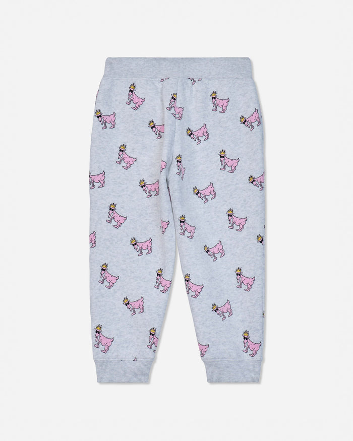 Light heather gray jogger pants with an all-over pink dog print, featuring an elastic waistband and ribbed ankle cuffs.#color_pale-gray-heather