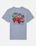 Gray t-shirt with a graphic of a red truck and Christmas trees on a white background