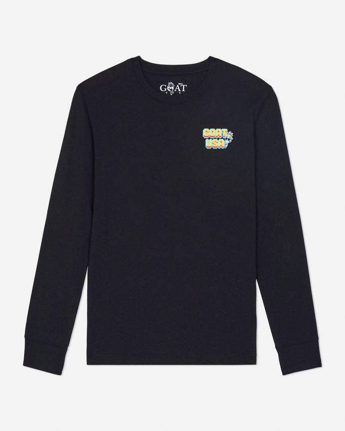 Black long-sleeve shirt with colorful graphics and text on a light gray background