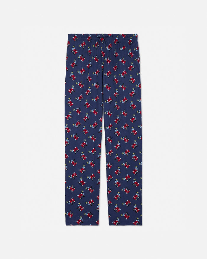 Navy blue pajama pants with red and white pattern on a light gray background