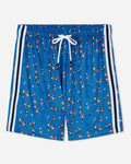 Blue  athletic shorts with an all-over cartoon astronaut pattern, featuring white side stripes and a white drawstring.