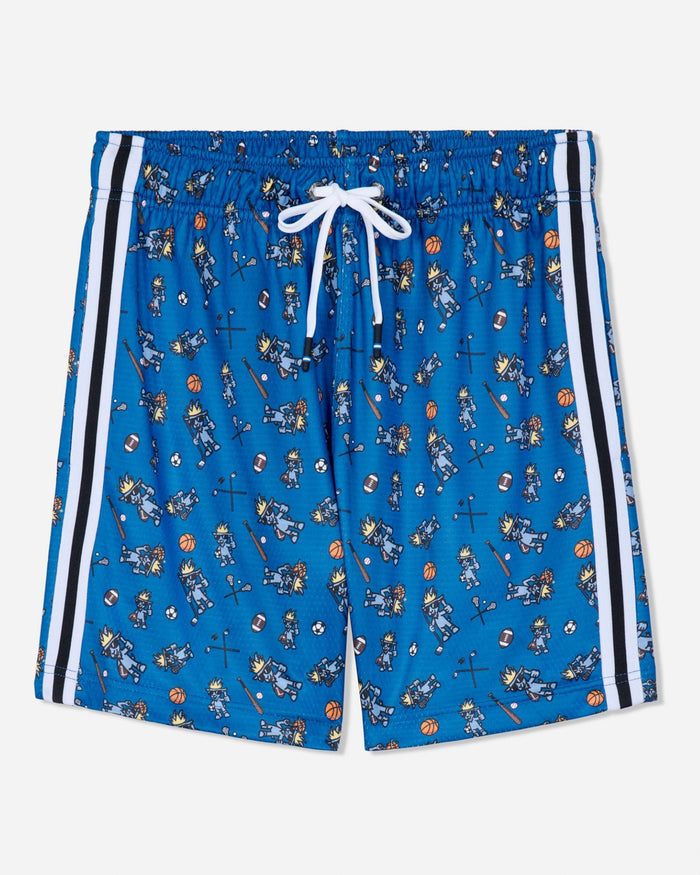 Blue  athletic shorts with an all-over cartoon astronaut pattern, featuring white side stripes and a white drawstring.