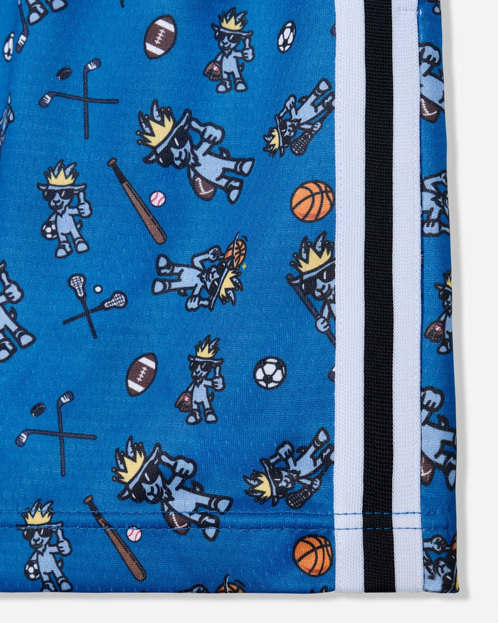 Close-up of a blue fabric product with an allover print of cartoon mascot figures and sports balls, plus a vertical black, white, and blue striped trim on the right side.