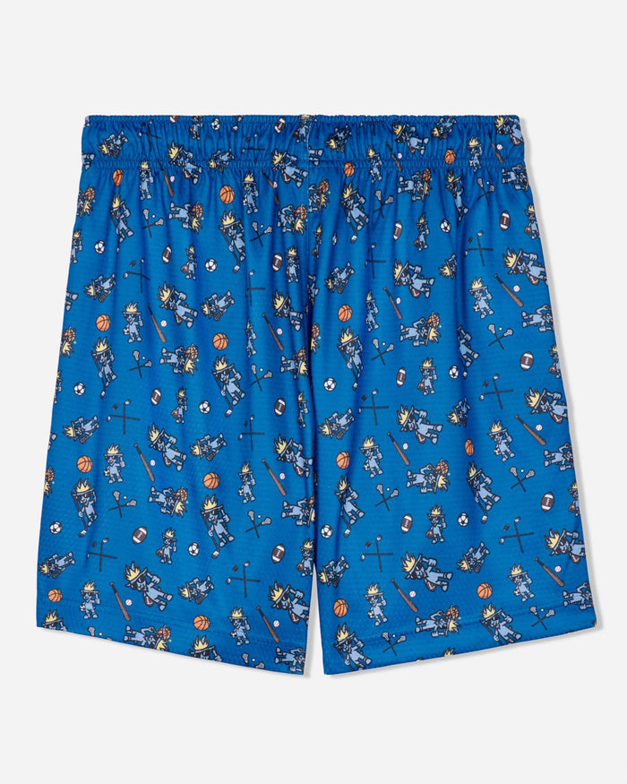 Blue mesh shorts with an all-over print of cartoon sports goats, shown flat against a light gray background.