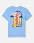 Light blue t-shirt with a graphic design of palm trees, a surfboard, and text on a white background