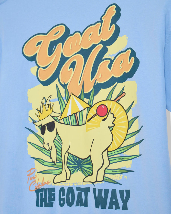 Light blue t-shirt with a goat graphic and 'Goat Usa' text on a light blue background