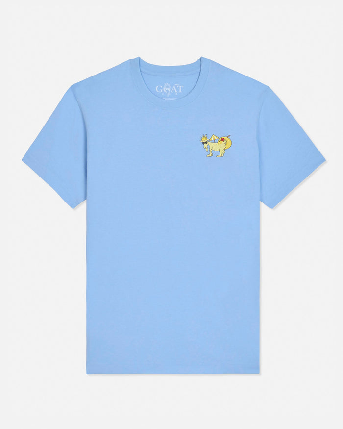 Light blue t-shirt with a small yellow graphic on a white background