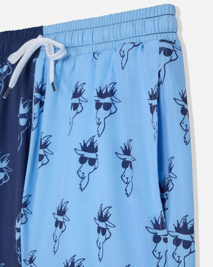 Blue swim shorts with graphic design on a white background