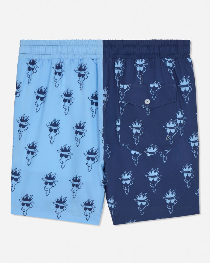 Two tone swim shorts, one blue and one navy, with a pattern of goats wearing sunglasses on a white background.