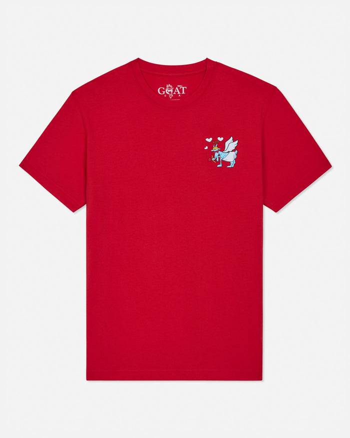 Red t-shirt with a small graphic on the chest against a white background