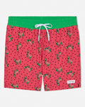 Red swim shorts with green watermelon pattern on a white background