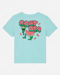 Light green t-shirt with a colorful graphic design on a white background