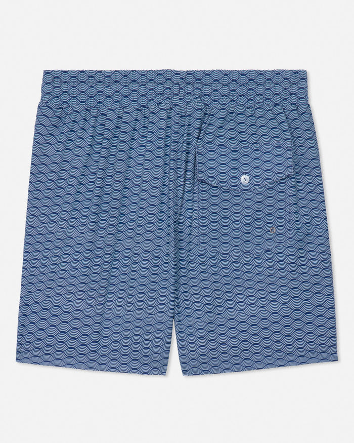 Blue patterned shorts on a white background