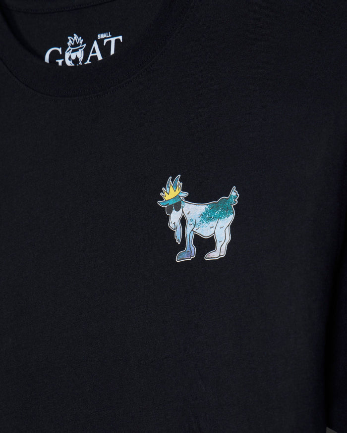 Black t-shirt with a colorful embroidered design of a goat wearing a crown on a dark background.