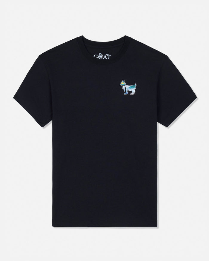 Black t-shirt with a small graphic on the chest against a white background