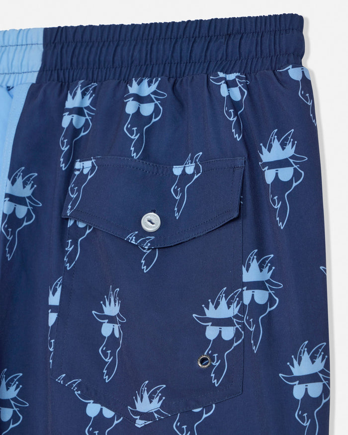 Navy blue swim shorts with graphic design on a white background