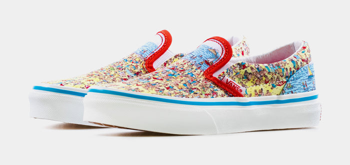 Vans X Where's Waldo? Classic Slip-On Preschool Lifestyle Shoe (Yellow/Blue/Red)