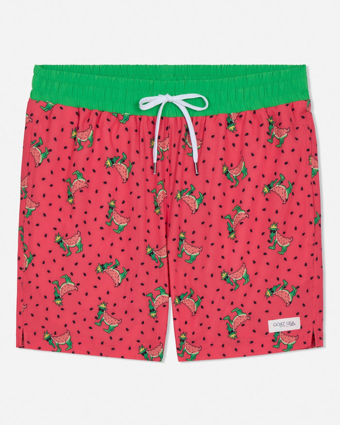 Red swim shorts with green watermelon pattern on a white background