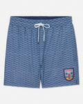 Blue patterned shorts with a logo on a white background