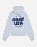 Back of gray hoodie with 'ALL TIME GOAT USA ESTABLISHED 2016' text#color_pale-gray