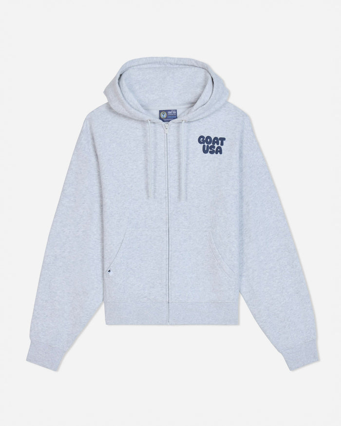 Front of gray full-zip hoodie with navy 'GOAT USA' left-chest logo#color_pale-gray