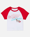 Front of red and white baby tee with a cherry goat graphic