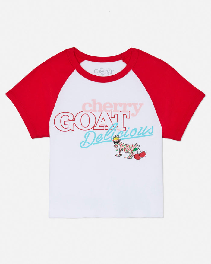 Front of red and white baby tee with a cherry goat graphic