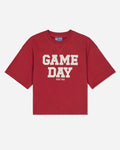Front of red french terry tee with 'GAME DAY' text#color_tomato
