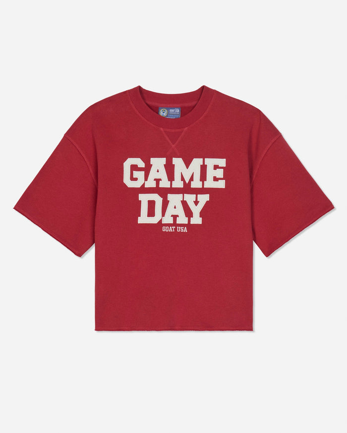 Front of red french terry tee with 'GAME DAY' text#color_tomato