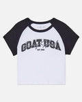 Front of black and white baby tee with GOAT USA graphic
