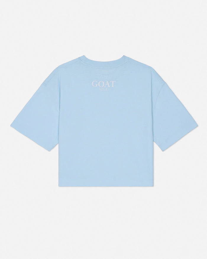 Light blue t-shirt with 'GOAT' text on a white background#color_delicate-blue