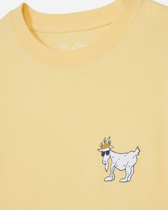 Yellow t-shirt with a cartoon goat wearing a crown on a white background#color_corn-milk