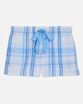 Blue and white checkered shorts with a tie on a light gray background
