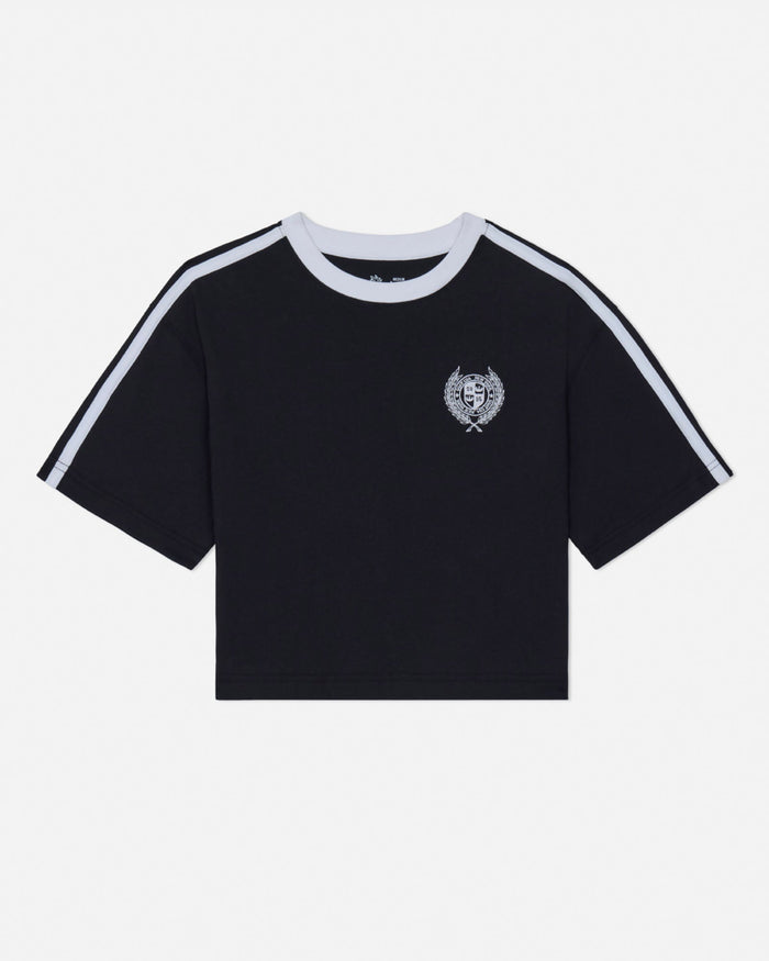 Black t-shirt with white stripes on sleeves and a logo on a white background#color_black
